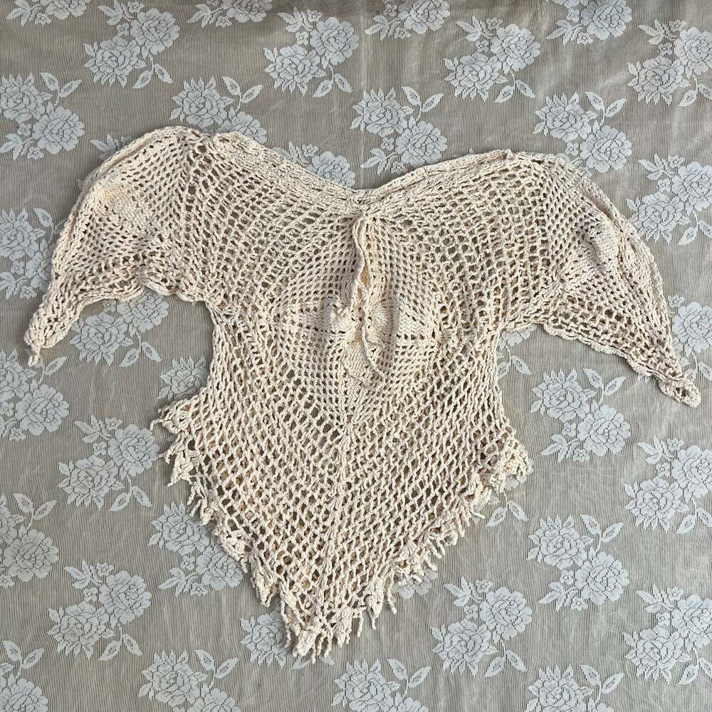 Boho Cream Crochet Lace-Up Fringe Top Size M